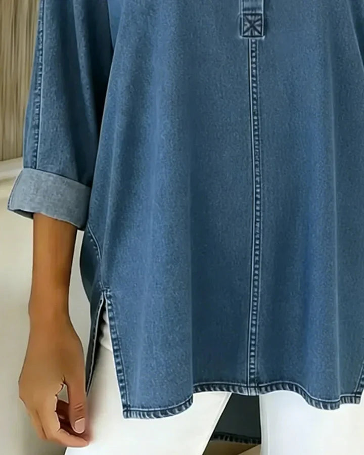 Yenara - Bluză din Denim cu Guler în V și Nasturi