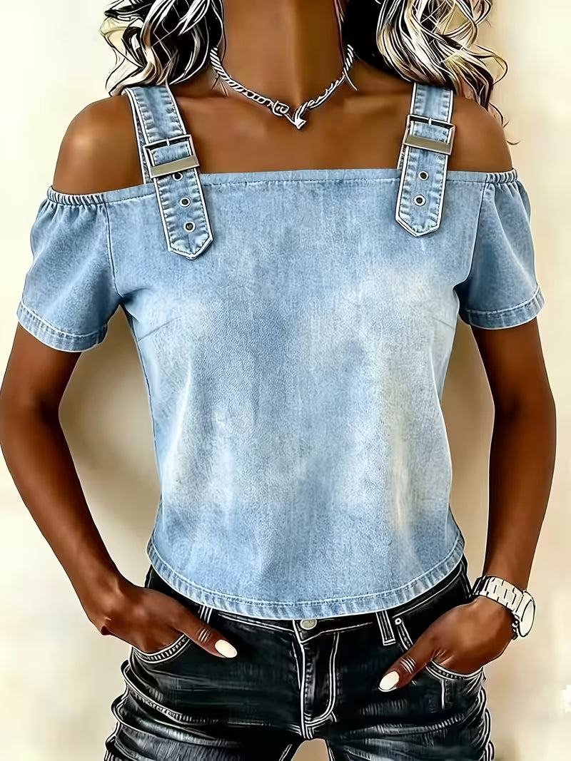Kenya - Bluză din Denim cu Umerii goi și Mâneci Scurte