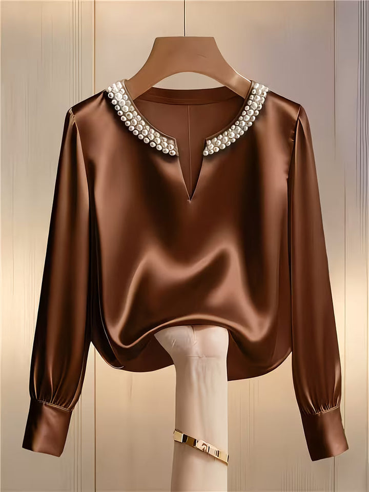 Avinaya - Cămașă Elegantă cu Mâneci Lungi și Guler Rotund cu Perle