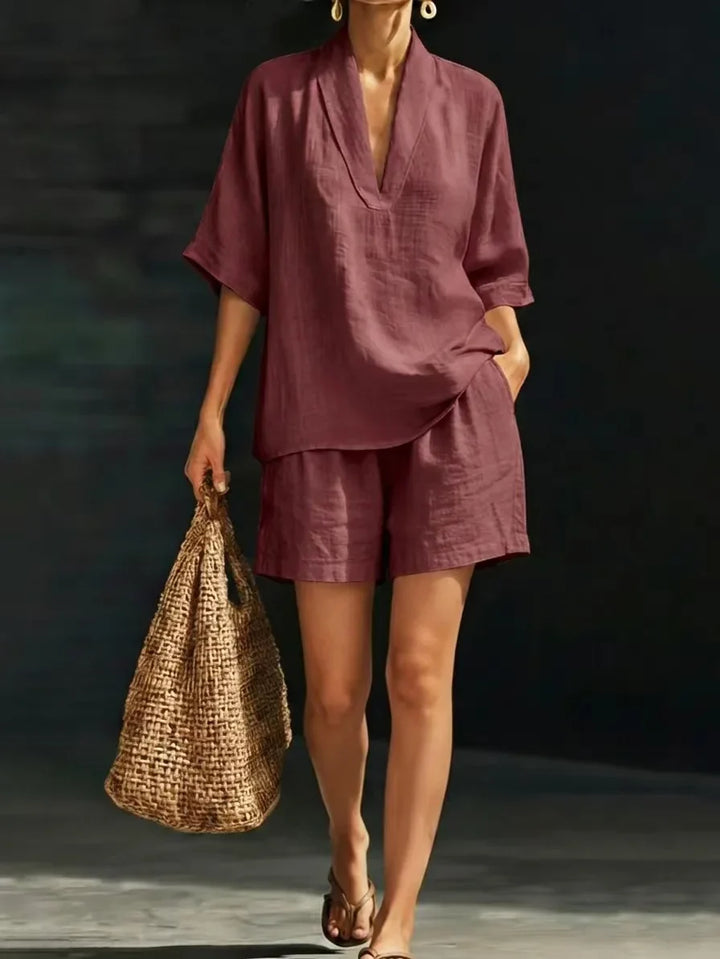 Silvani - Set Compus Dintr-un Top Casual Din Bumbac Cu Decolteu În V Și Pantaloni Scurți