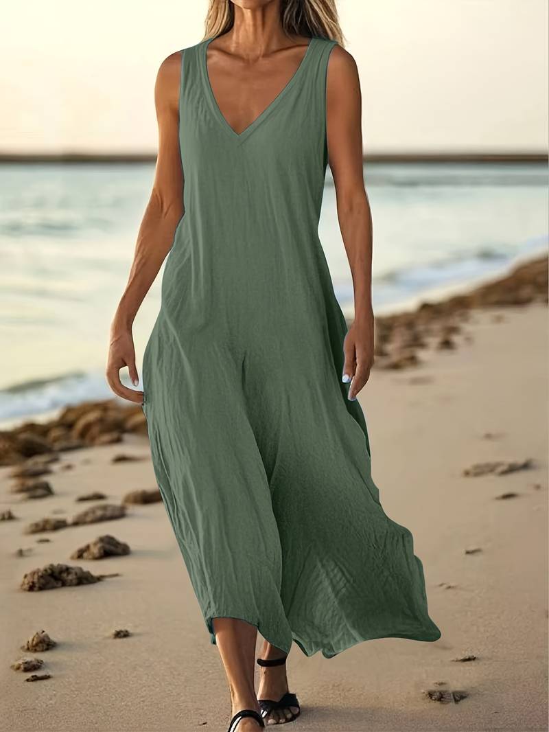 Brina - Rochie Lungă Elegantă, Fără Mâneci, Cu Decolteu În V