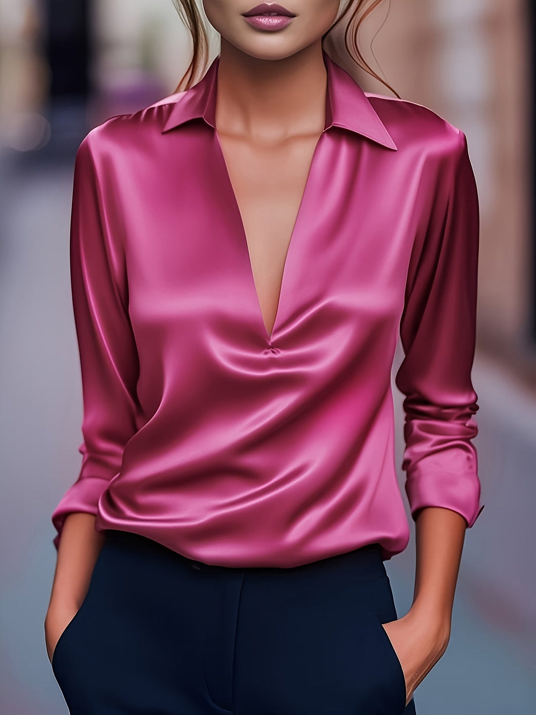Kyrra – Bluză Elegantă Din Satin Cu Decolteu în V