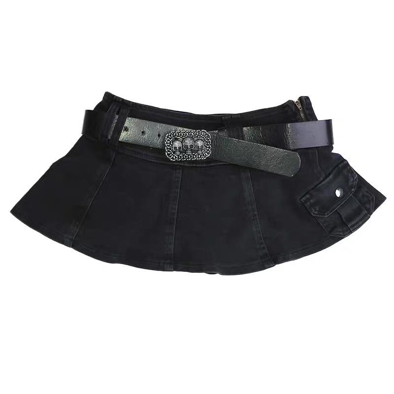 Linda - Fustă Mini Din Denim Plisată, Cu Curea