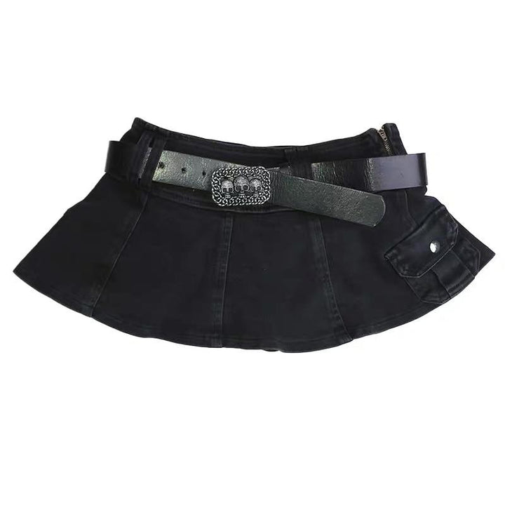 Linda - Fustă Mini Din Denim Plisată, Cu Curea