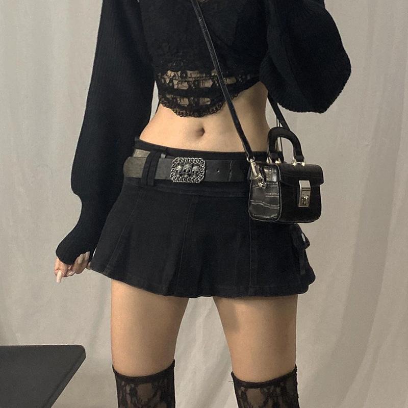 Linda - Fustă Mini Din Denim Plisată, Cu Curea