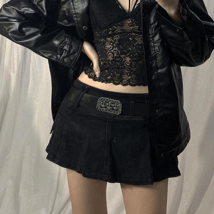 Linda - Fustă Mini Din Denim Plisată, Cu Curea