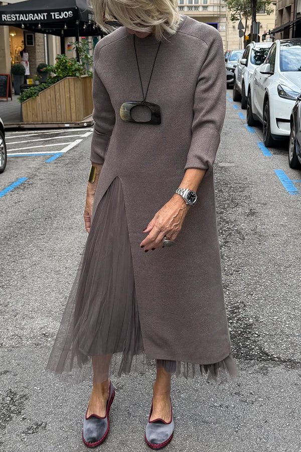 Oona - Rochie Din Tul Cu Drapaj și Pulover Lung Din Tricot