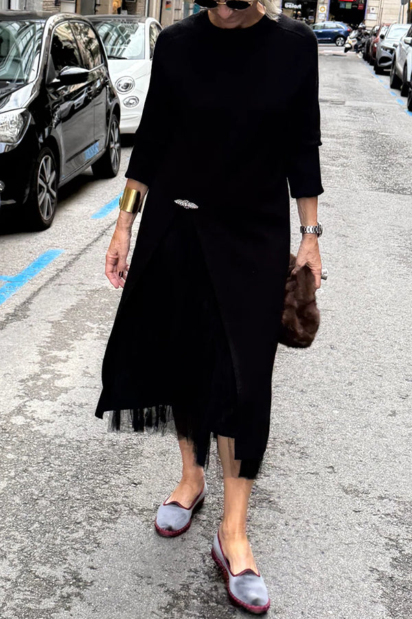 Oona - Rochie Din Tul Cu Drapaj și Pulover Lung Din Tricot