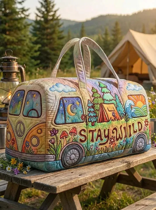 RetroBloom - Geantă de Călătorie Matlasată cu Imprimeu Vintage de Rulotă
