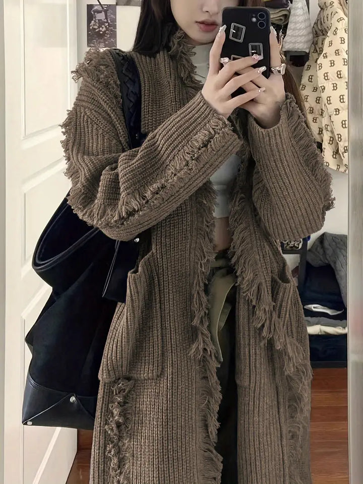 Ramziya - Elegant Lung Ciucure Cardigan Cu Buzunar