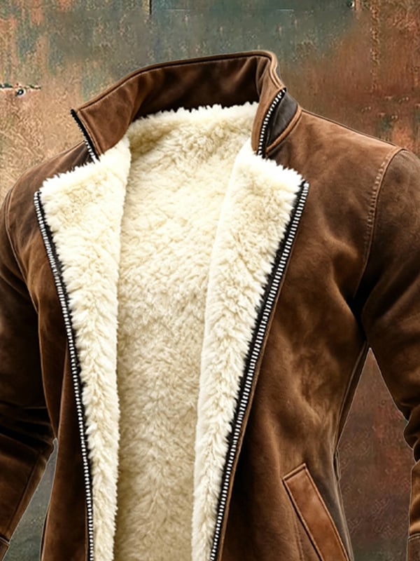 Rakibul - Palton Retro Din Piele și Piele întoarsă Cu Design Patchwork