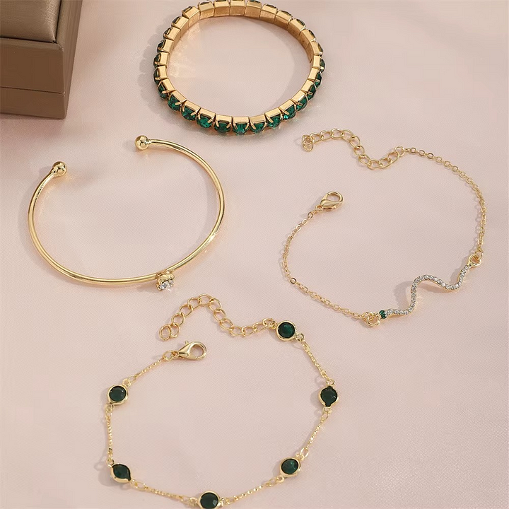 Miray - Set de 4 Brățări cu Cristal Smarald și Aur