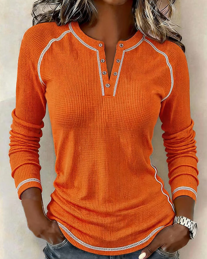 Maisy - Tricou Tip Henley cu Model Waffle și Mâneci Lungi