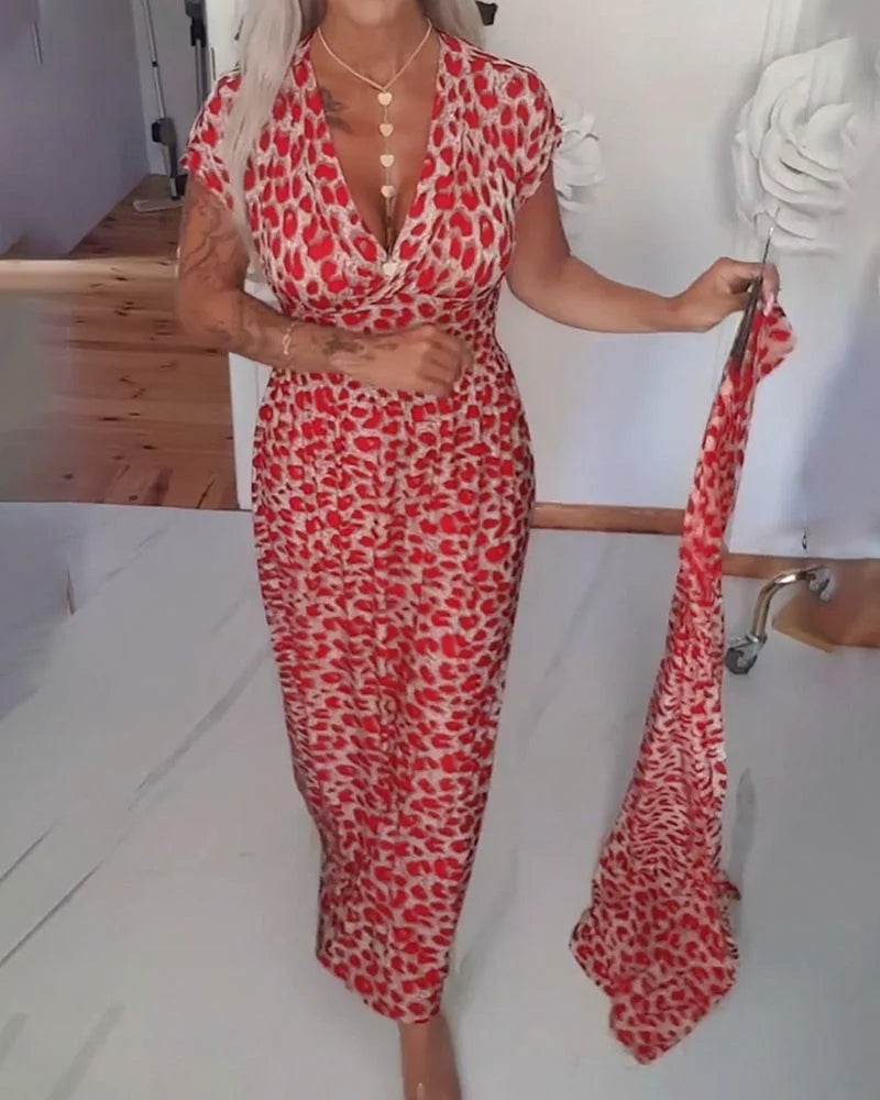 Erendira - Rochie Elegantă Cu Decolteu în V și Imprimeu Leopard