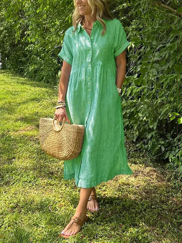 Alory – Rochie Midi Confortabilă Cu Dungi Si Nasturi