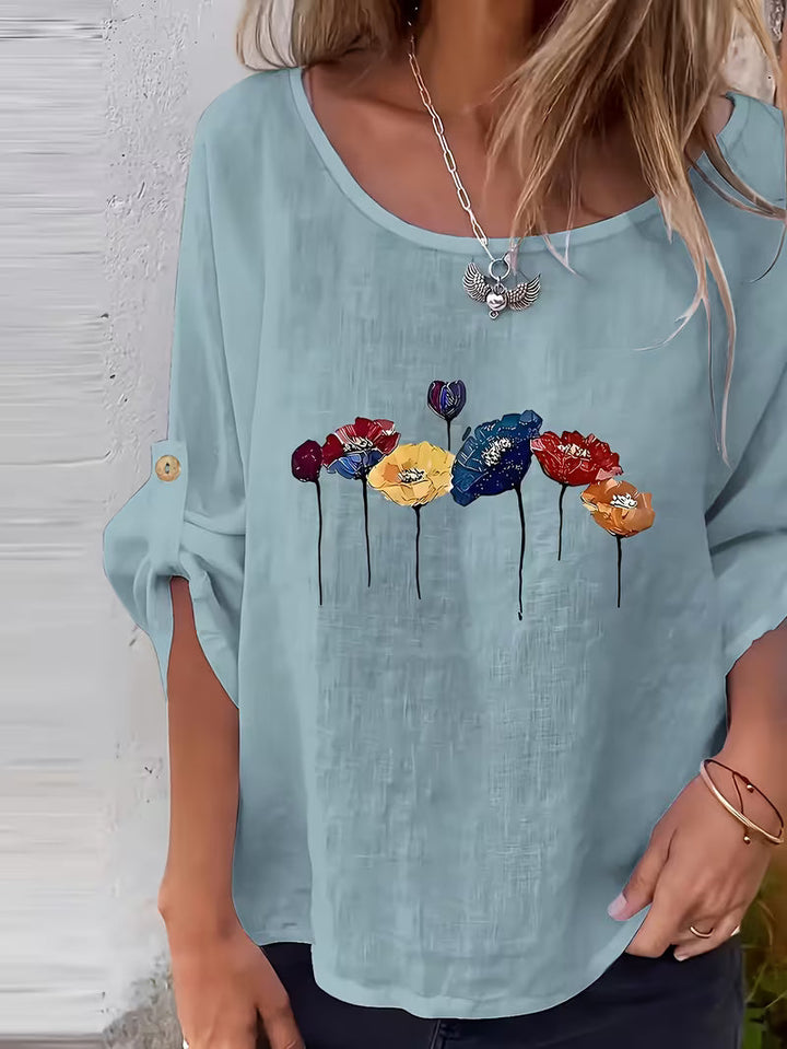 Sheril – Bluză Largă cu Mâneci cu Bandă de Rulare și Imprimeu Floral