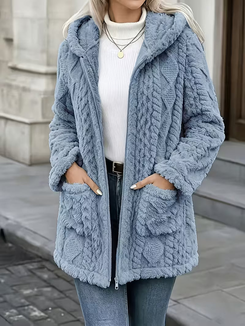 Elima – Cardigan Cu Glugă, Din Pluș, Cu Fermoar, PE Ambele Părți