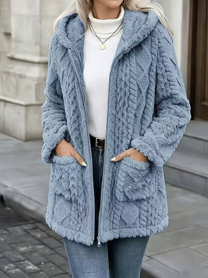Elima – Cardigan Cu Glugă, Din Pluș, Cu Fermoar, PE Ambele Părți