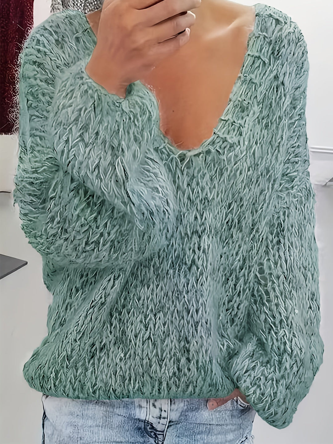 Vriona - Pulover Tricotat Cu Mâneci Lungi și Decolteu în V