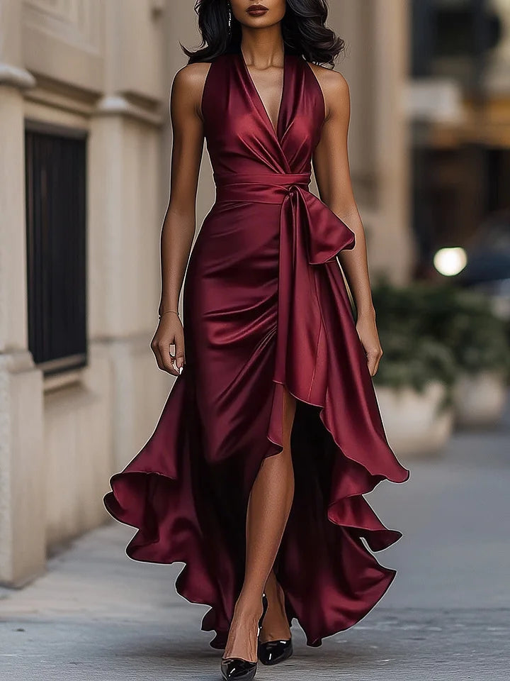 Sharipova - Rochie Elegantă Din Satin Fără Bretele Cu Volane