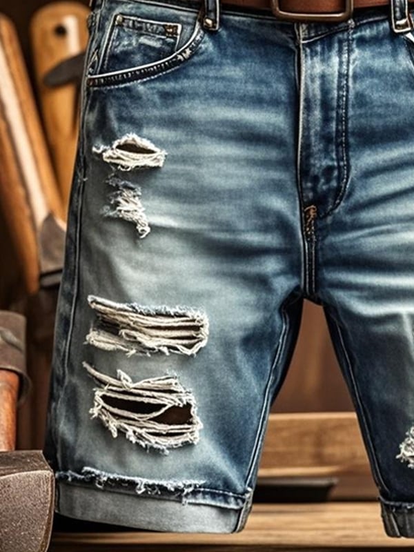Pantaloni Scurți Din Denim Funcționali Vintage Pentru Bărbați Cu Aspect Rupt