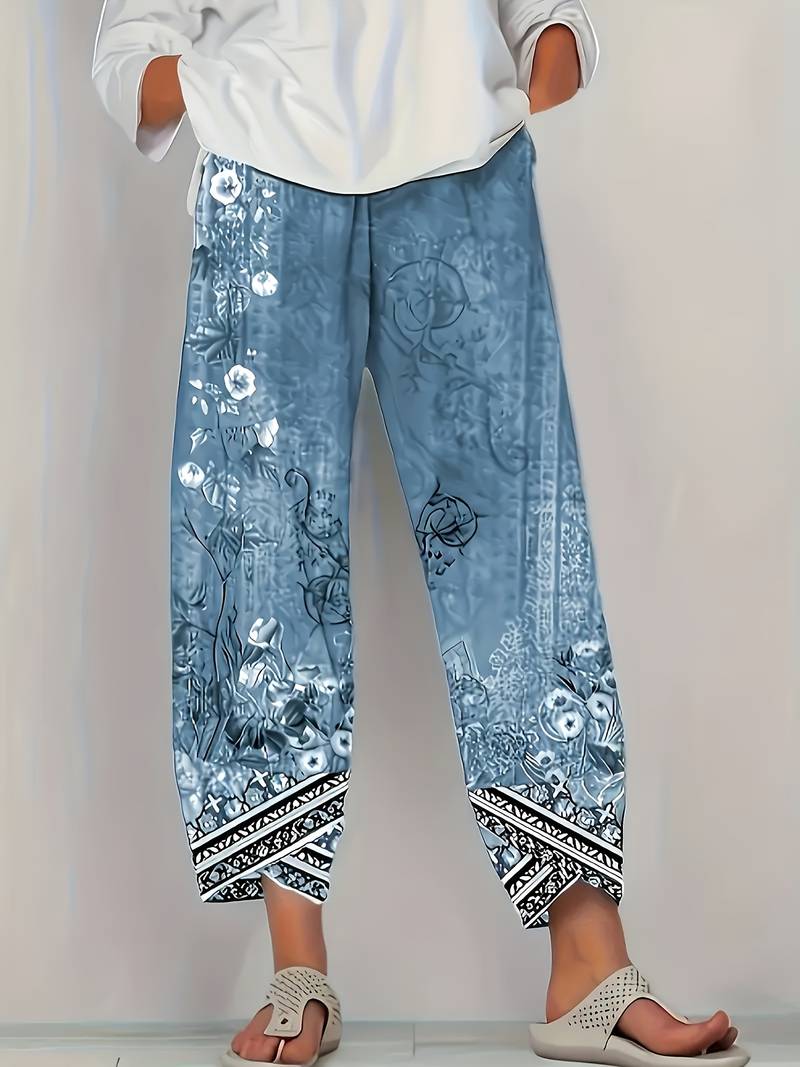 Thimasha - Pantaloni Capri cu Imprimeu Floral Vintage și Talie Elastică