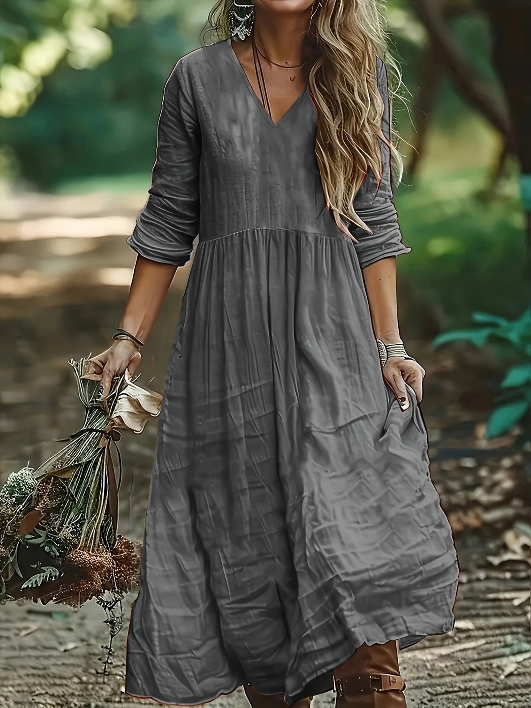 Shirron – Rochie Lungă La Modă Cu Decolteu în V