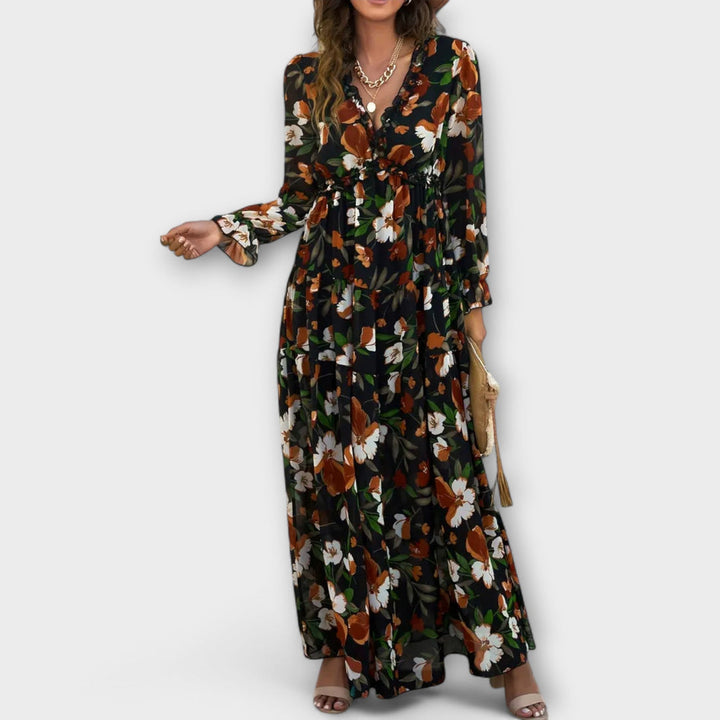 Lukrecija - Rochie lungă cu Imprimeu Floral și Decolteu în V