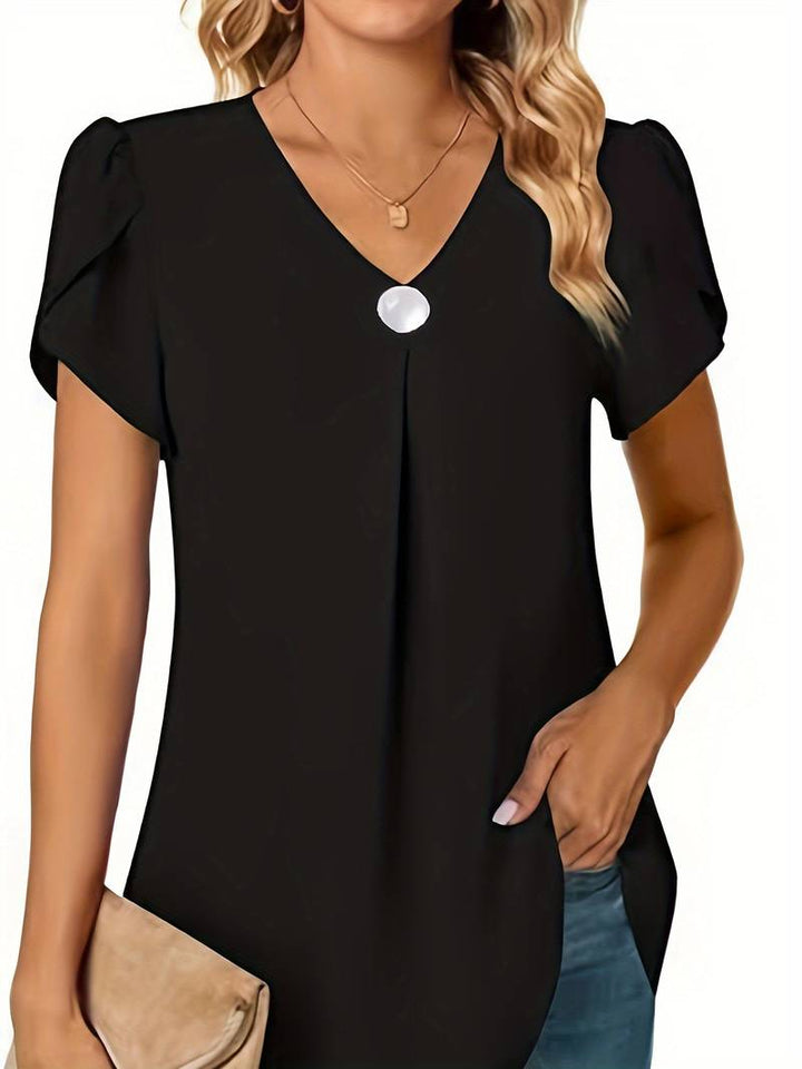 Thilakshi - Bluză cu Mâneci Scurte și Volane cu un Singur Nasture