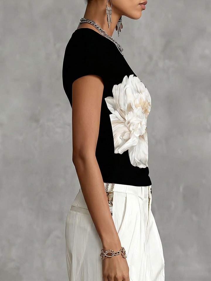 Lunessa - Tricou Cu Guler Rotund Si Iimprimeu Floral In Două Nuanțe