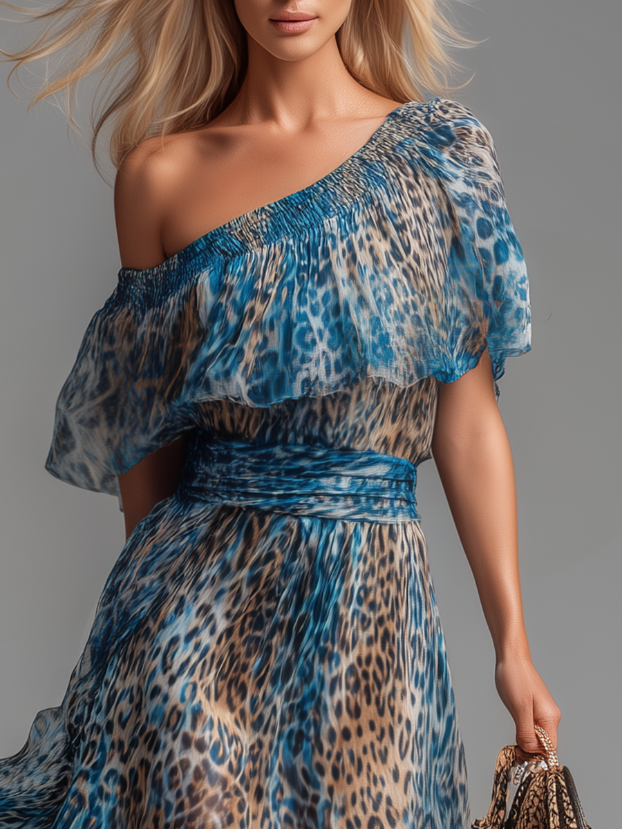 Siania - Rochie Din Șifon Cu Imprimeu Leopard Și Umeri Descoperiți