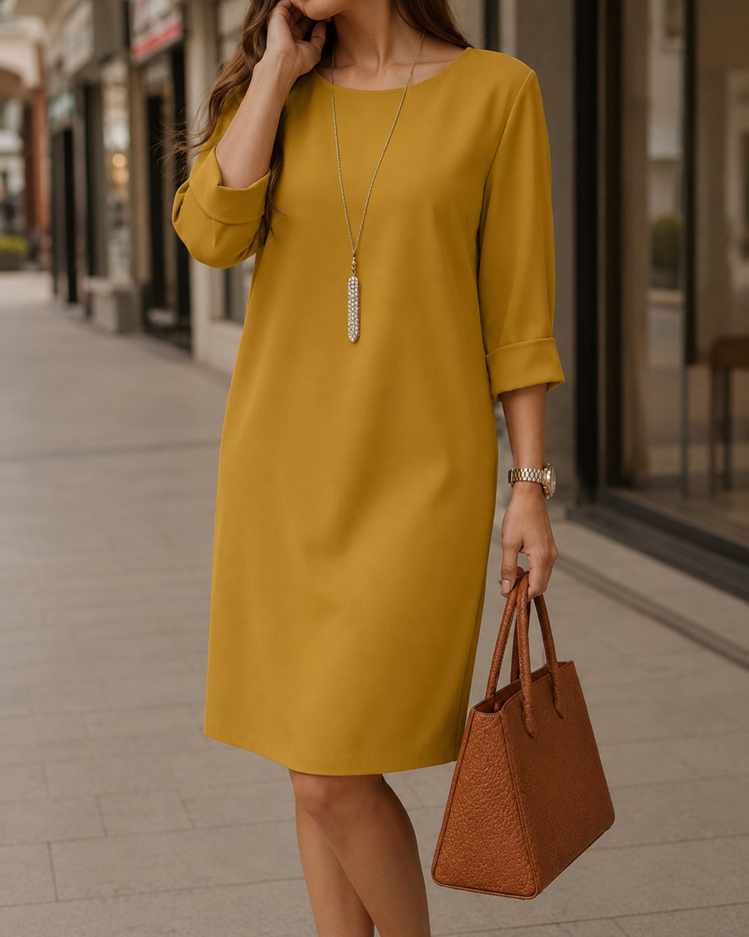 Huguette – Rochie Dreaptă cu Guler Rotund și Buzunare