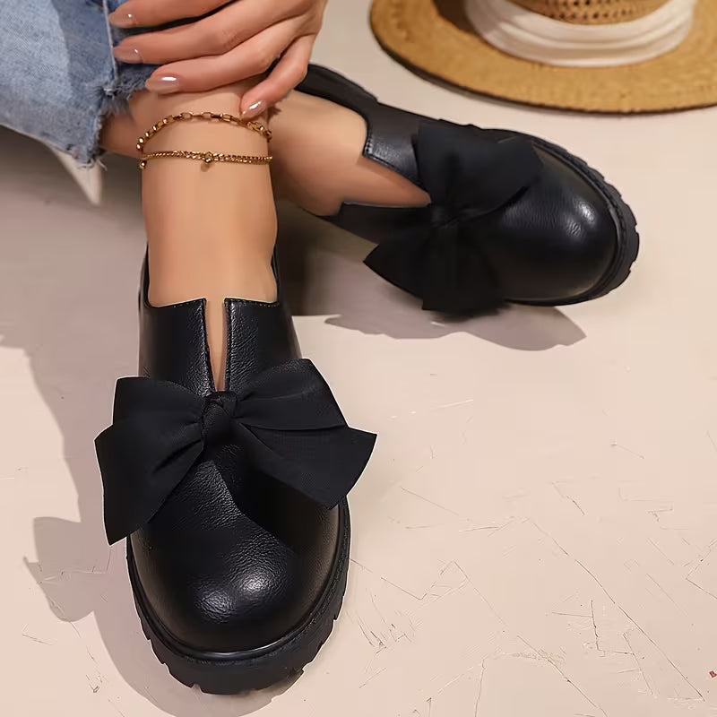 Nargiza - Mocasini Eleganți Cu Vârf Rotund Talpă Groasă Și Fundă Decorativă
