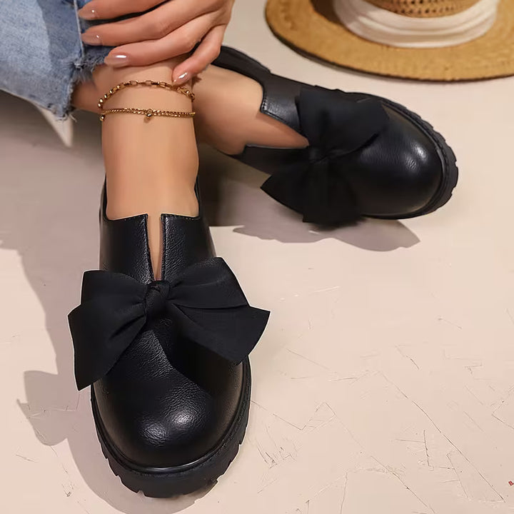 Nargiza - Mocasini Eleganți Cu Vârf Rotund Talpă Groasă Și Fundă Decorativă