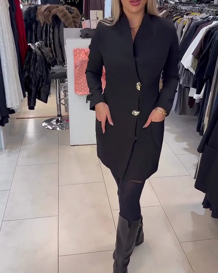 Shireen - Rochie Cu Guler în Picioare și Nasturi Metalici
