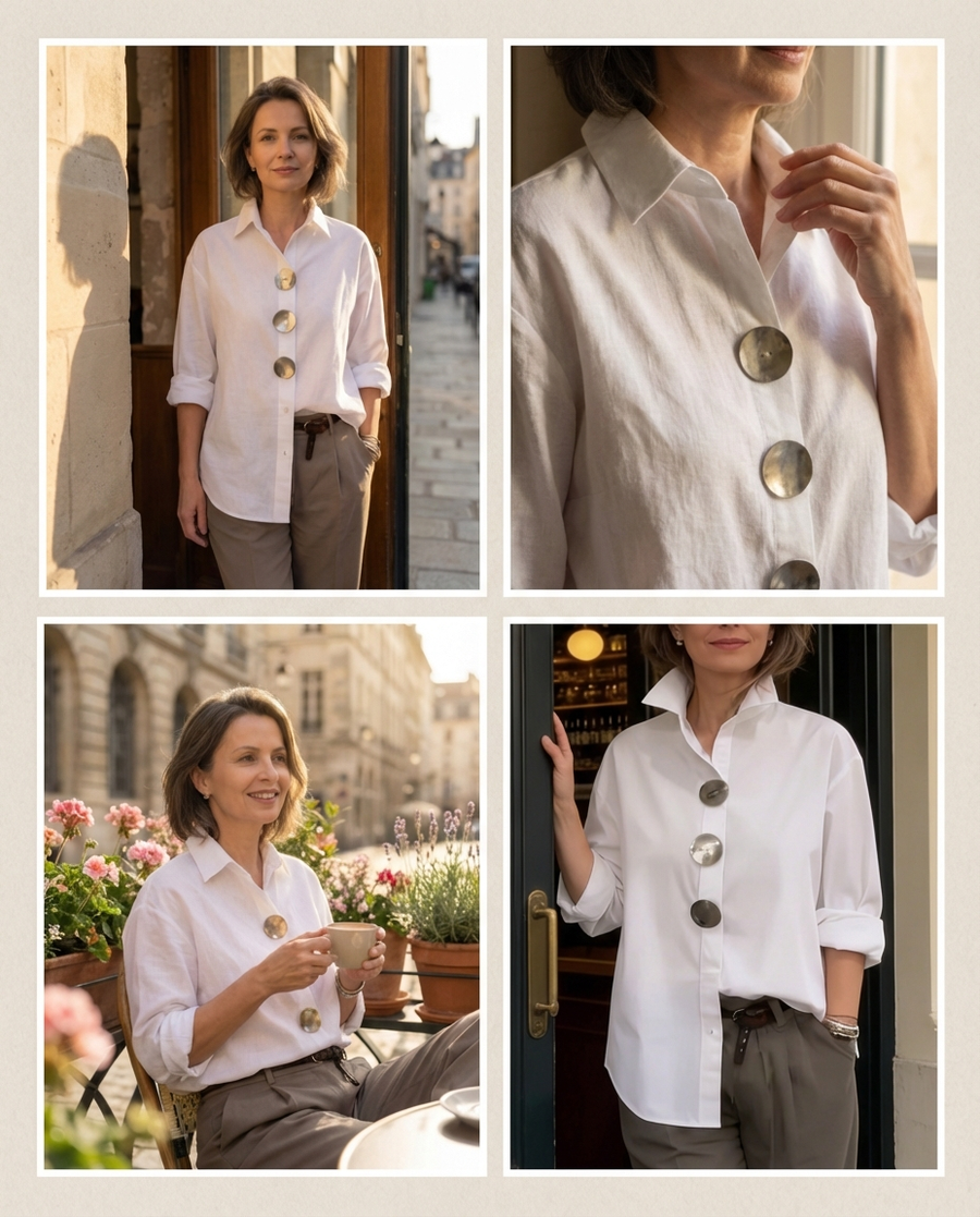 Shalani - Bluză Elegantă Din in și Bumbac cu Nasturi Metalici