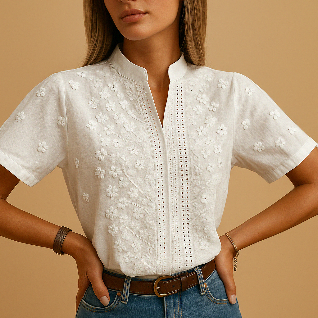 Leanaa - Bluză La Modă Cu Broderie Florală