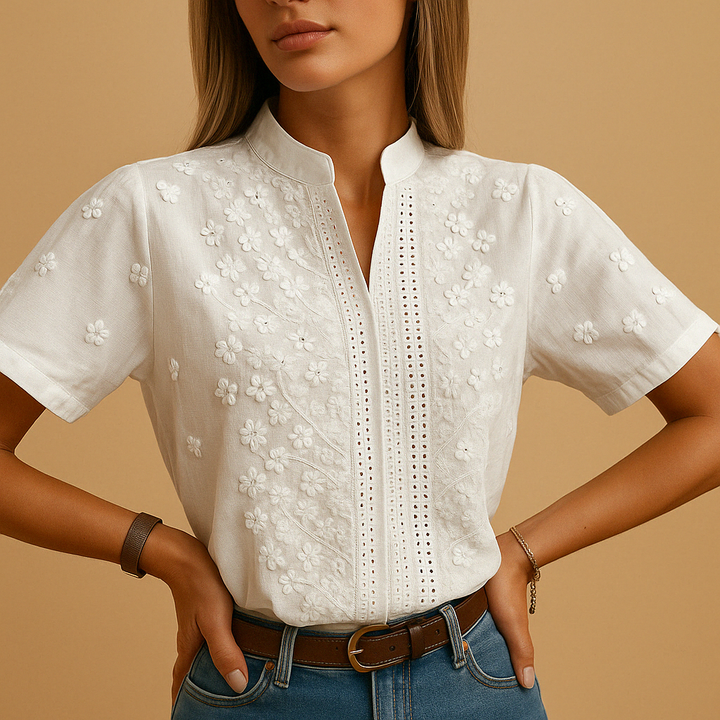 Leanaa - Bluză La Modă Cu Broderie Florală