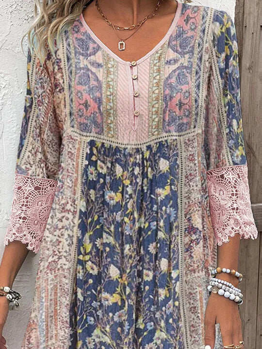 Tegan - Rochie Luxoasă Cu Imprimeu Floare Si Dantelă