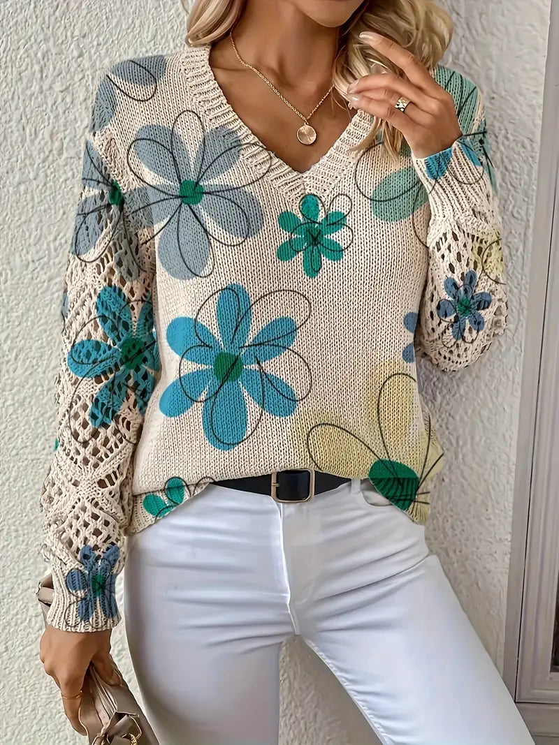 Marzena - Pulover Elegant Cu Mâneci Lungi și Imprimeu Floral