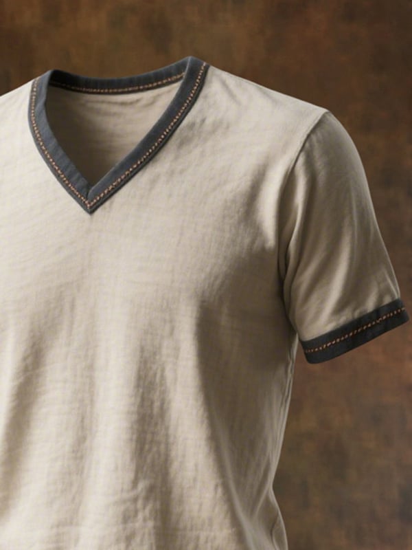 Tricou Cu Guler în V și Mâneci Scurte Pentru Bărbați în Stil Retro Cu Blocuri De Culoare