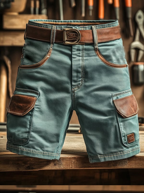 Pantaloni Scurți Vintage Pentru Bărbați Cu Buzunare și Cusături Funcționale (Cu Curea)