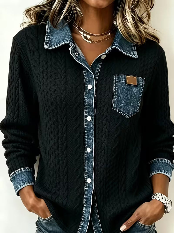 Eryna – Tricou cu Mâneci Lungi cu Model împletit în Formă de Cablu și Guler Din Denim