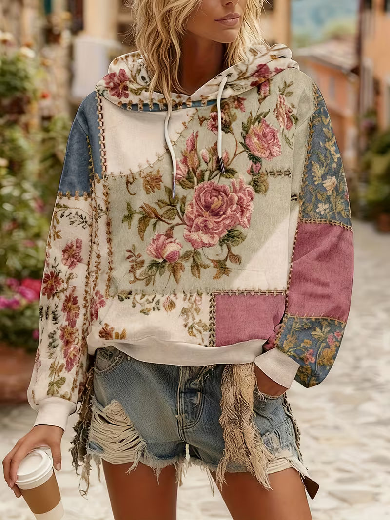 Norella - Bluză Cu Mâneci Lungi Și Glugă, Cu Imprimeu Floral În Stil Patchwork