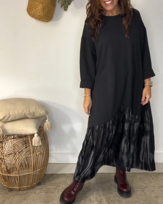 Dragica - Rochie Cu Guler Rotund și Imprimeu Patchwork Neregulat