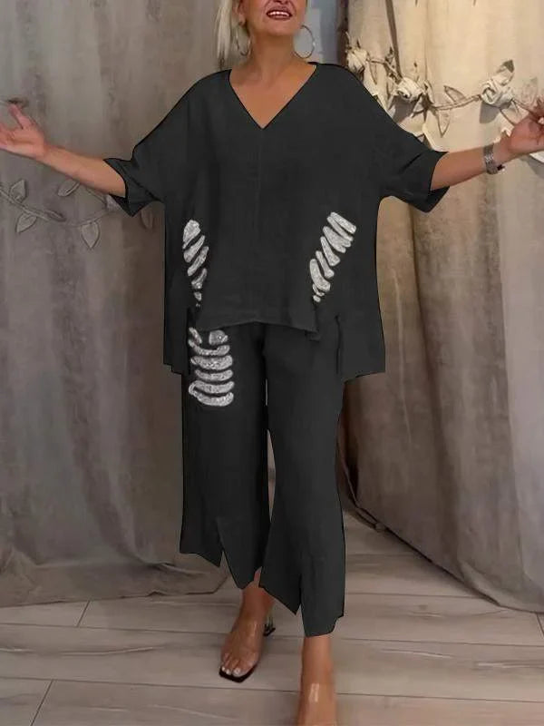 Himashi - Costum Elegant Din Două Piese Din Bumbac și In Cu Decolteu în V