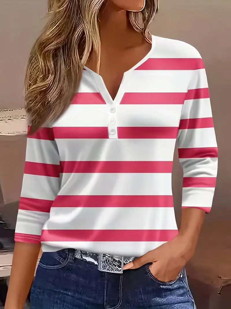 Dakota - Tricou Casual Cu Decolteu în V și Imprimeu Cu Dungi