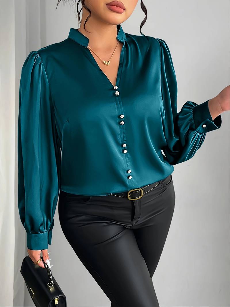 Elisheva - Cămașă Elegantă Cu Mâneci Bufante și Decolteu în V