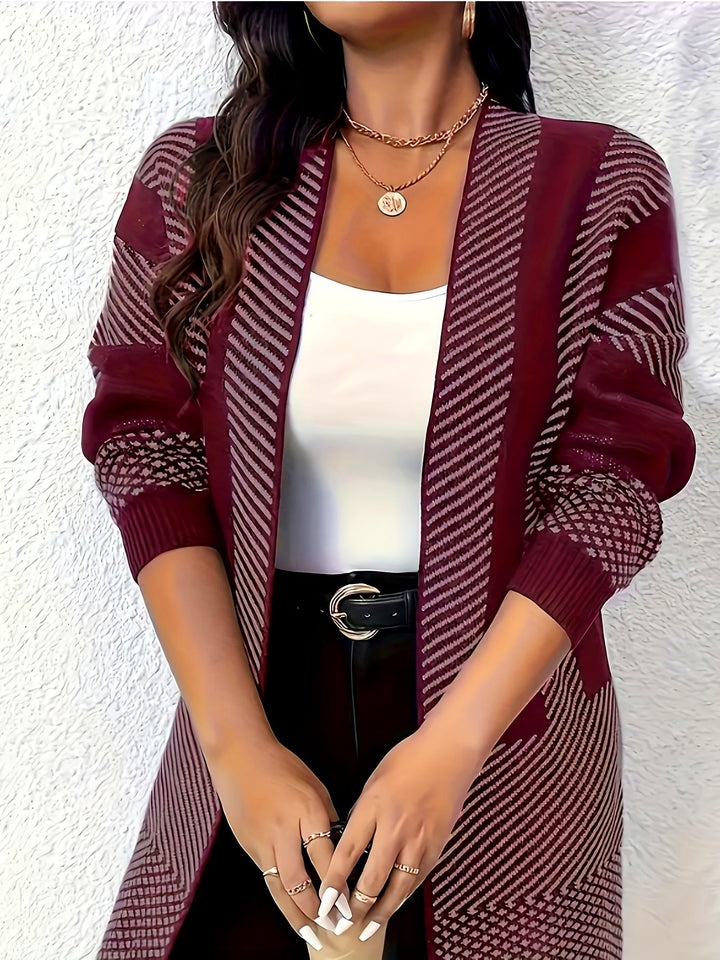 Zhamilya - Longline Geometric Knit Open Front Cardigan