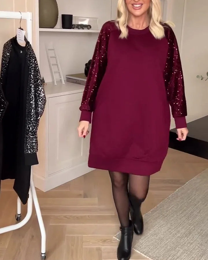Cunningham - Rochie Cu Guler Rotund și Mâneci Lungi cu Paiete